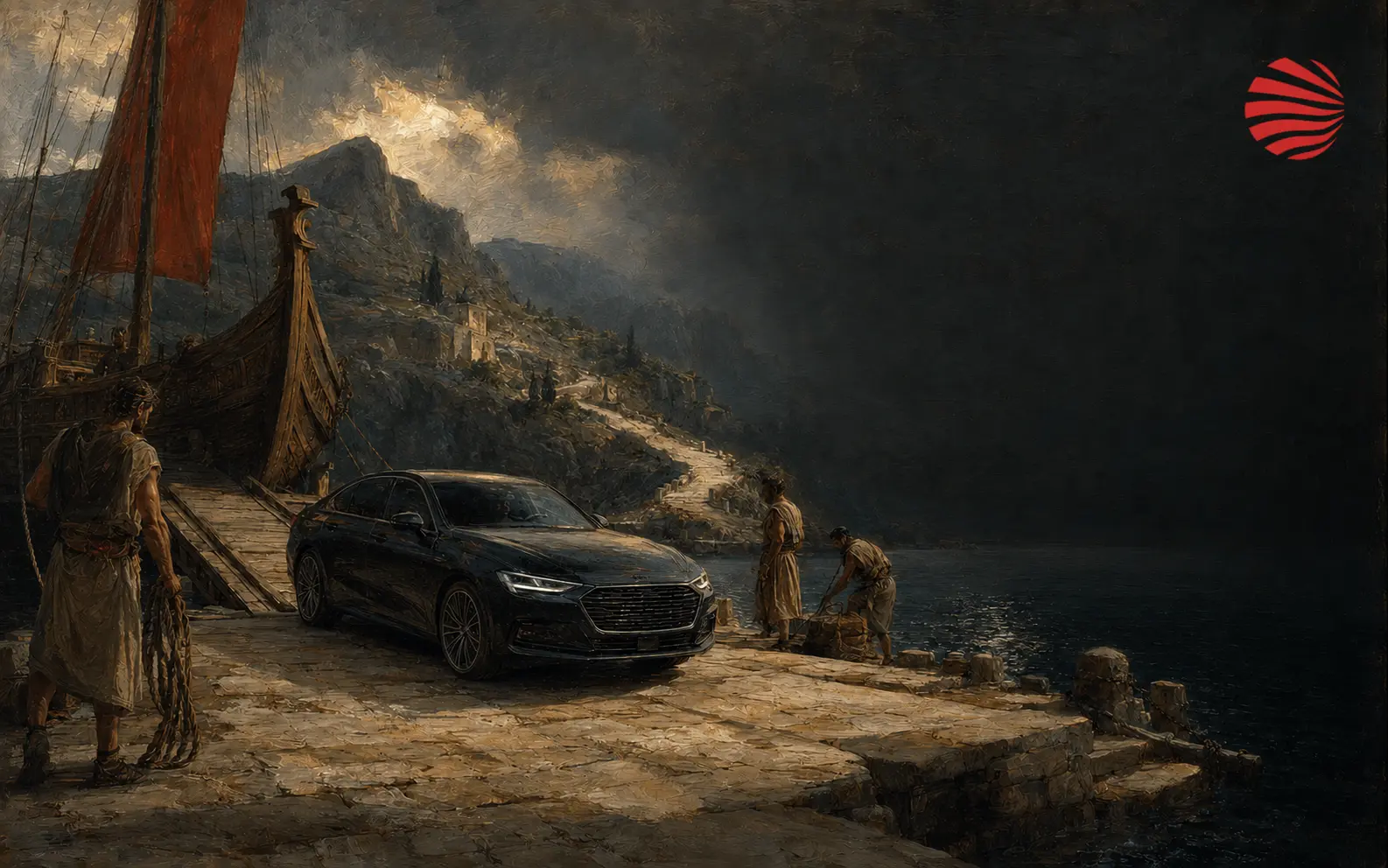 A painting of a car beside the coast beneath the AlbSpeed mark