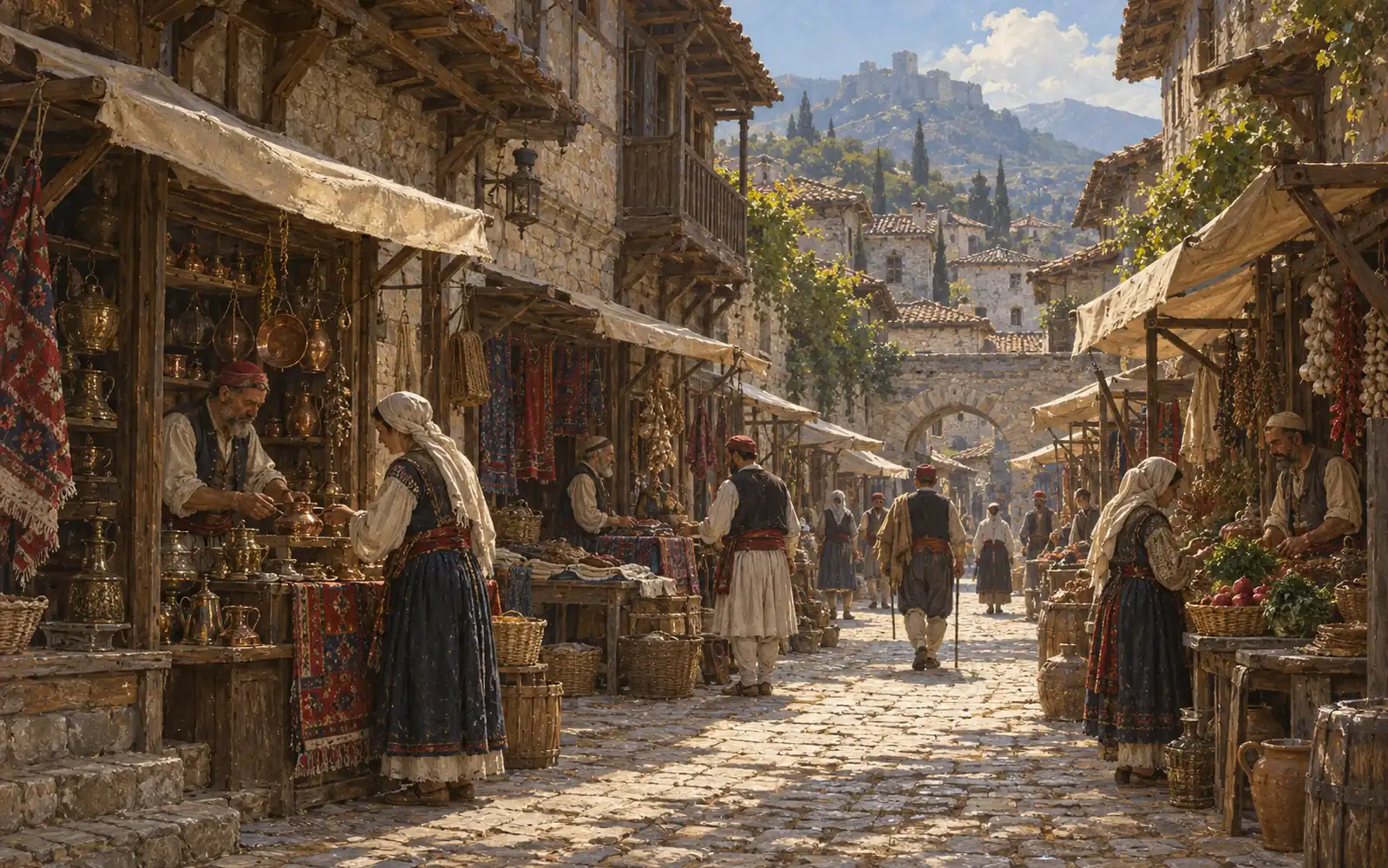 An oil painting of merchants and shoppers along a sunlit Albanian bazaar street, with stone shopfronts and canvas awnings.