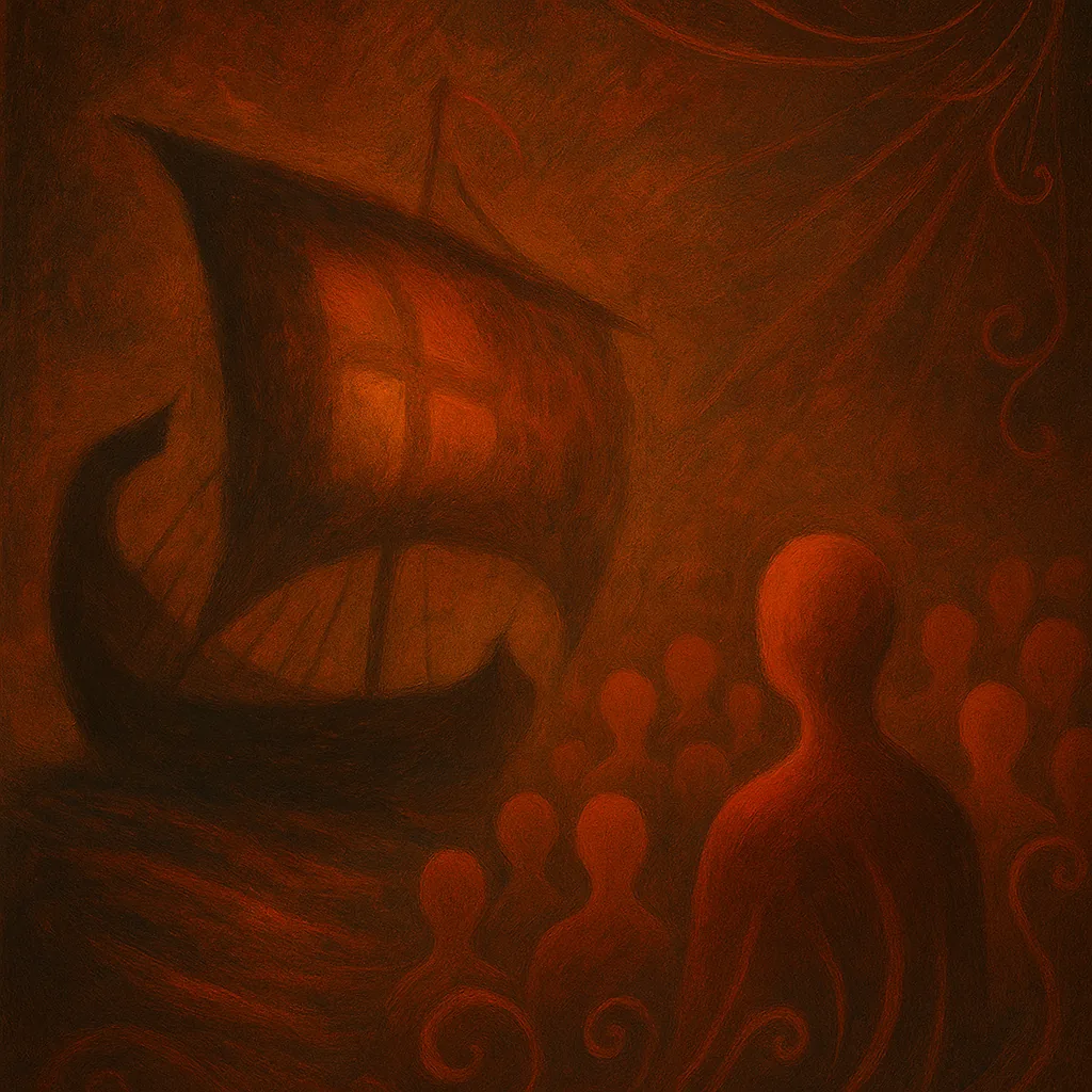 A stylized illustration of an ancient liburna ship at sea with shadowy figures on the shore, in deep red and brown tones.