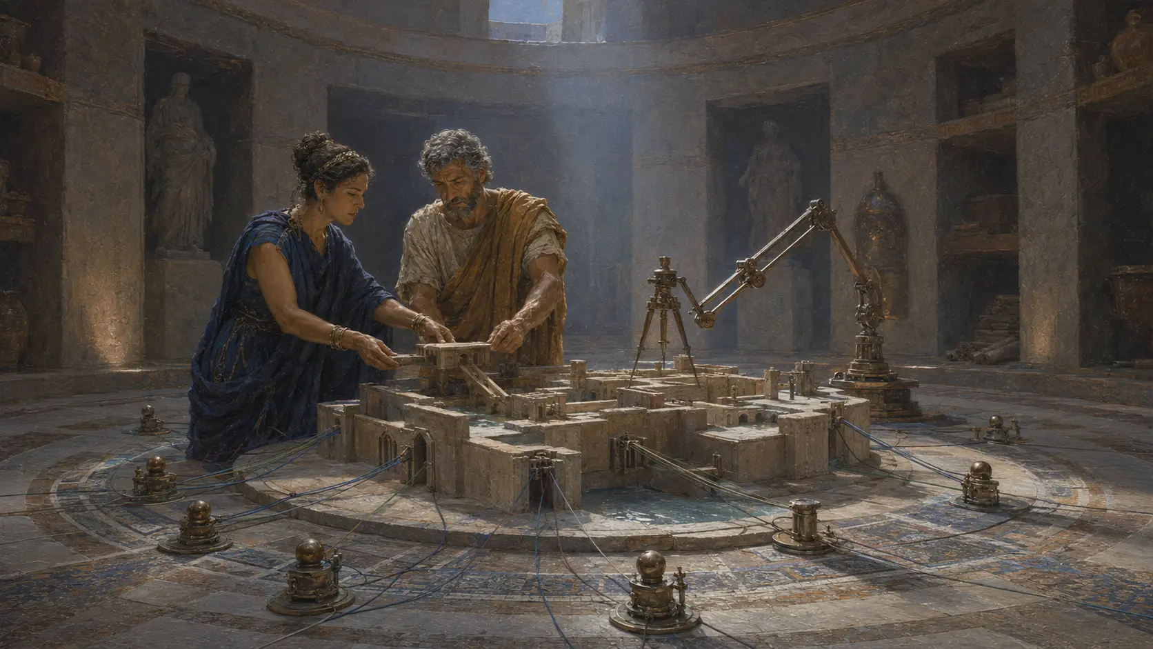 Two classical figures examining a miniature city and instruments in a stone workshop
