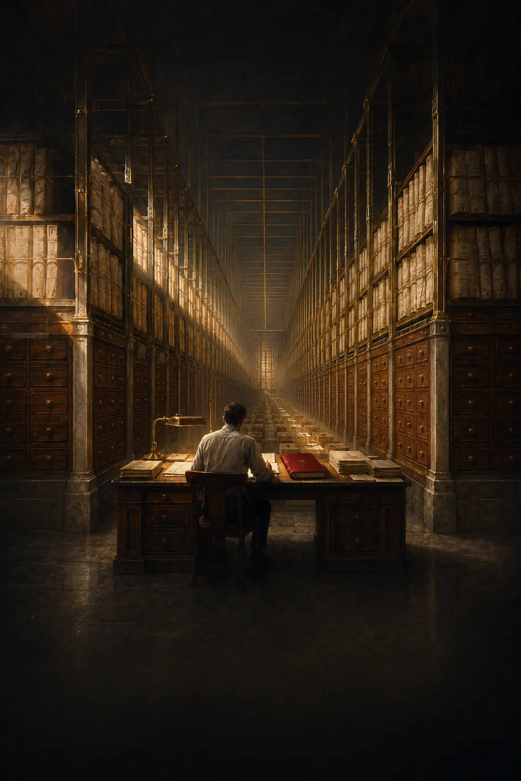 A lone archivist seated among towering shelves of paper records