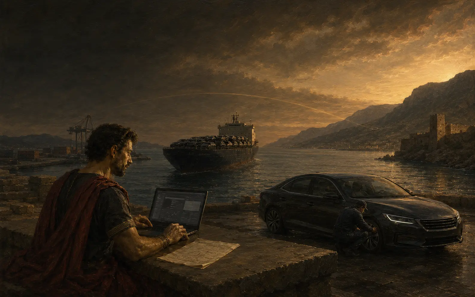 A painting of a man beside a black car on the Albanian coast, with a cargo ship crossing the water.