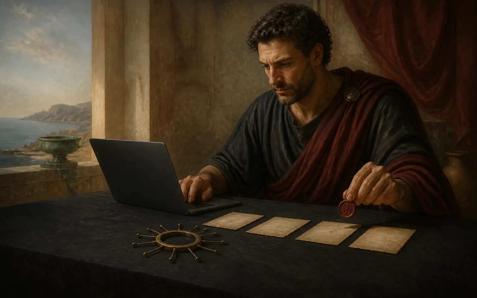 A classical scribe at a laptop pauses with a wax seal above three blank draft cards beside a brass instrument with ten radial nodes.