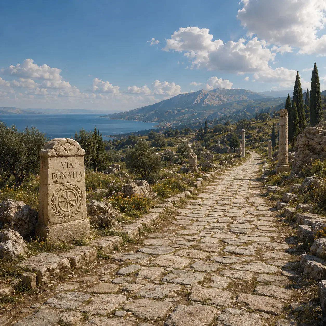 A stone road through a Mediterranean landscape beside a Via Egnatia marker