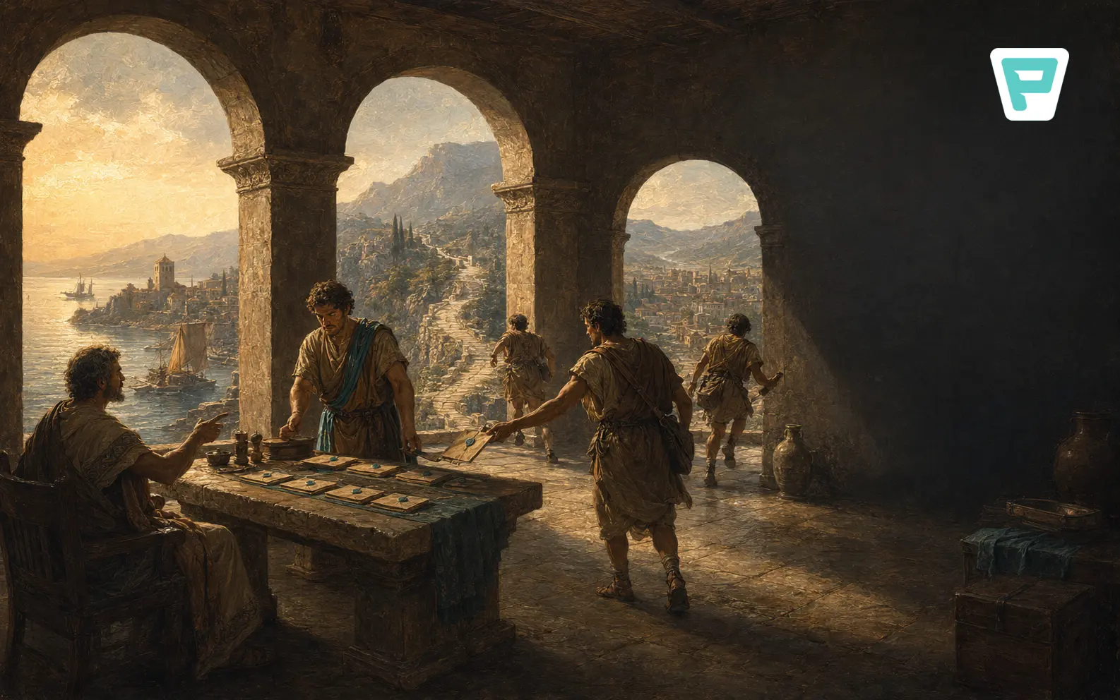 Classical figures passing sealed documents across a stone table beneath arches, overlooking a coastal city, with the Publer mark.